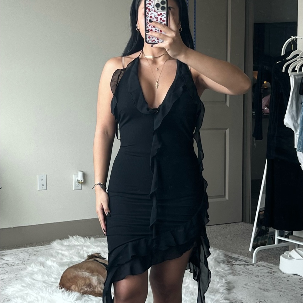 Heiress Beverly Hills ruffle mesh sheer asymmetrical dress